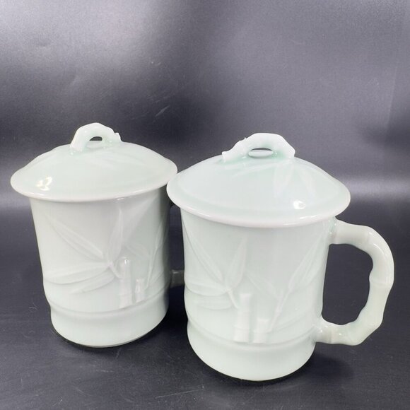 Gardener's Eden Coffee Mug Cup Light Green Embossed Bamboo Celadon Green Set 2 - Picture 14 of 15
